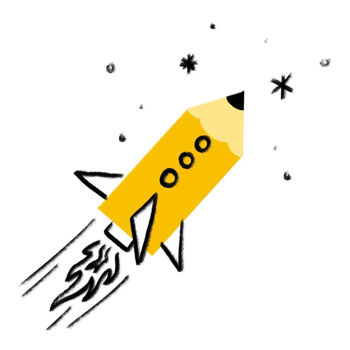 A yellow pencil illustrated as a rocket launching into a sky of ink stars